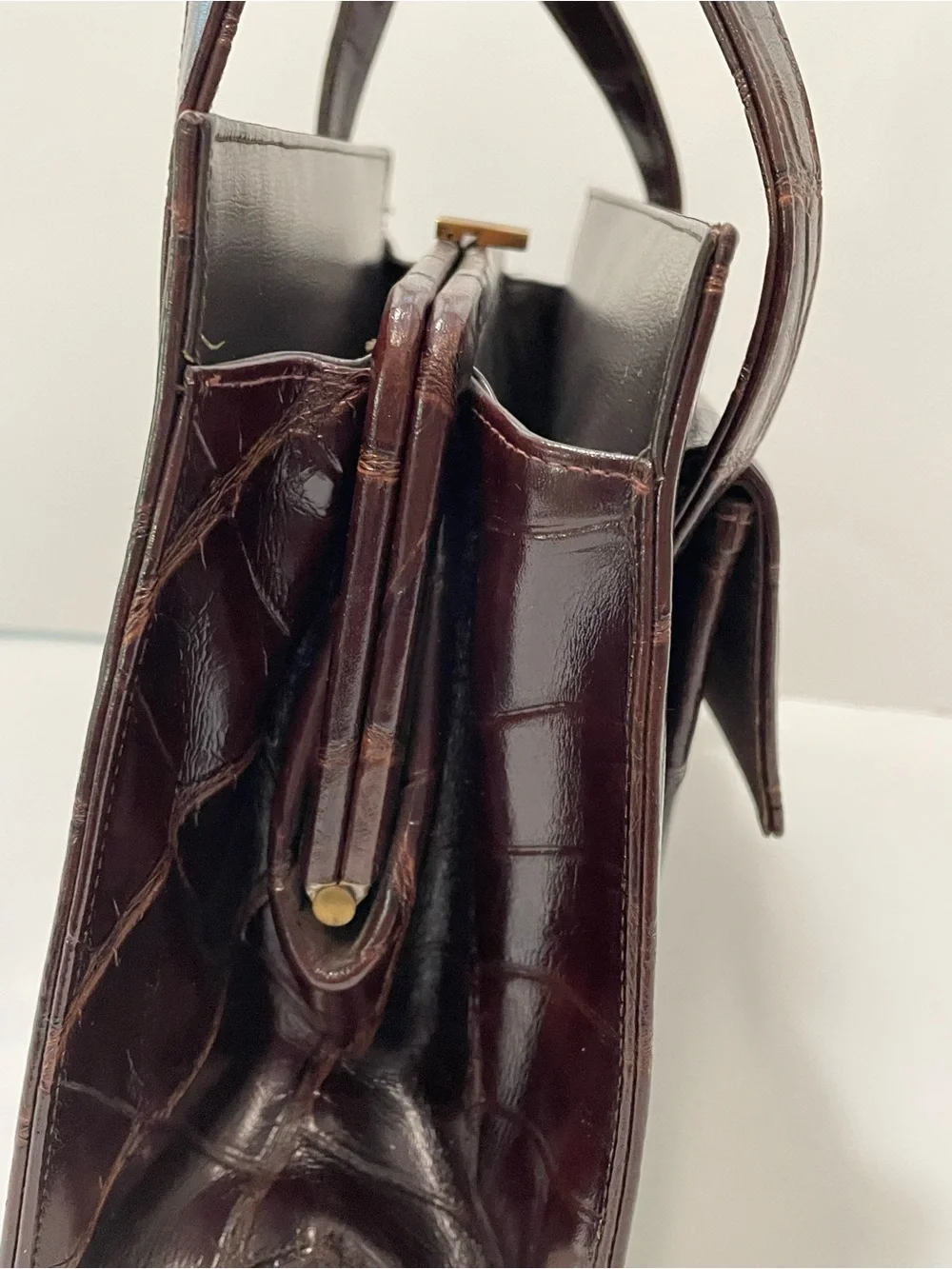 Vintage 1950s Faux Alligator Embossed Structured Top Handle Handbag Brown